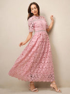 Anewsta Vestido Elegante Feminino de Gola Redonda, Manga Curta, Cintura Recortada com Renda Bordada