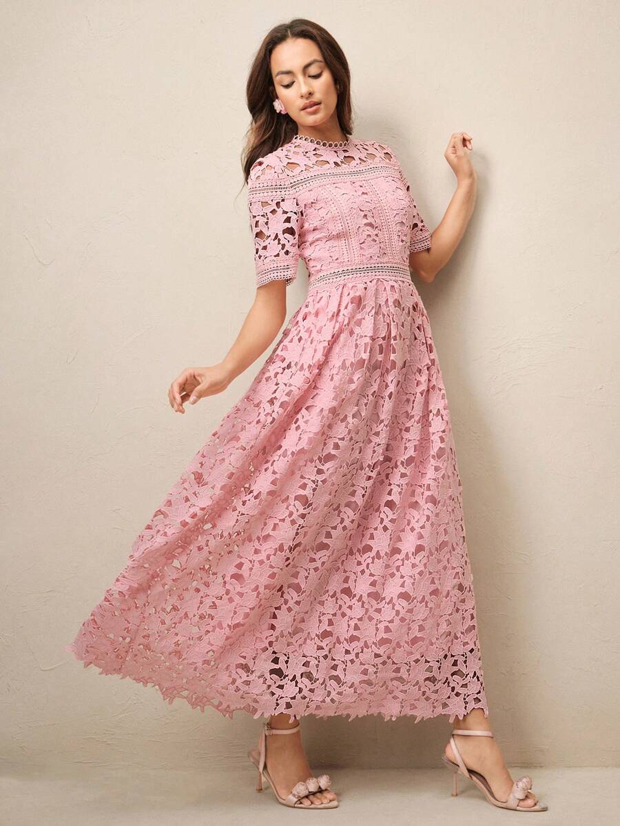 Anewsta Vestido Elegante Feminino de Gola Redonda, Manga Curta, Cintura Recortada com Renda Bordada