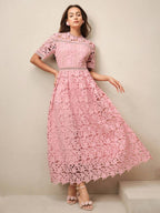 Anewsta Vestido Elegante Feminino de Gola Redonda, Manga Curta, Cintura Recortada com Renda Bordada