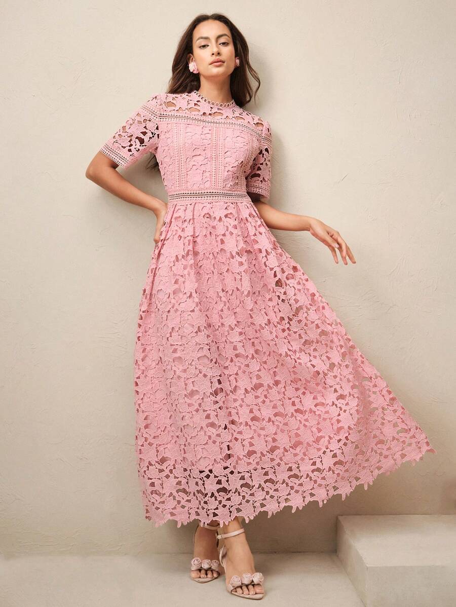 Anewsta Vestido Elegante Feminino de Gola Redonda, Manga Curta, Cintura Recortada com Renda Bordada