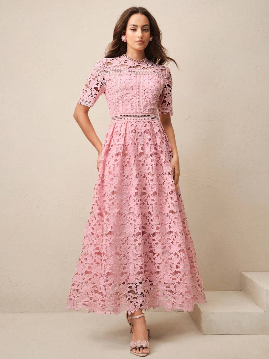 Anewsta Vestido Elegante Feminino de Gola Redonda, Manga Curta, Cintura Recortada com Renda Bordada