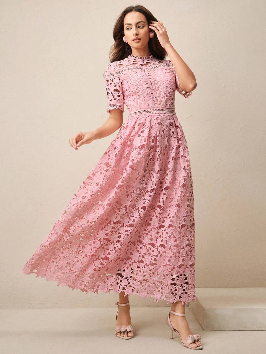 Anewsta Vestido Elegante Feminino de Gola Redonda, Manga Curta, Cintura Recortada com Renda Bordada