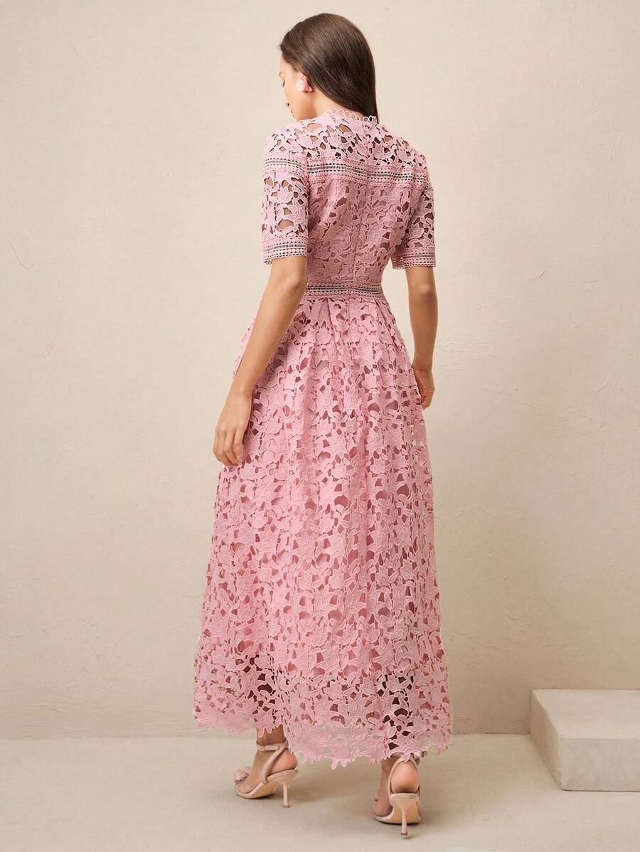 Anewsta Vestido Elegante Feminino de Gola Redonda, Manga Curta, Cintura Recortada com Renda Bordada