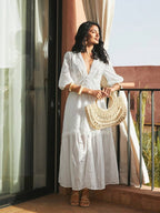 Anewsta Vestido Longo Elegante Bordado em Renda com Fenda e Decote em V, Perfeito para Férias, Ano Novo, Dia dos Namorados, Praia de Verão