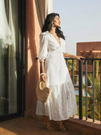 Anewsta Vestido Longo Elegante Bordado em Renda com Fenda e Decote em V, Perfeito para Férias, Ano Novo, Dia dos Namorados, Praia de Verão