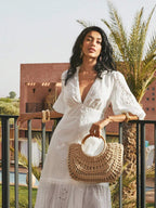 Anewsta Vestido Longo Elegante Bordado em Renda com Fenda e Decote em V, Perfeito para Férias, Ano Novo, Dia dos Namorados, Praia de Verão