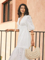 Anewsta Vestido Longo Elegante Bordado em Renda com Fenda e Decote em V, Perfeito para Férias, Ano Novo, Dia dos Namorados, Praia de Verão