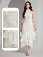 Heiryn Vestido midi elegante feminino com decote halter, bainha em babado e patch de jacquard