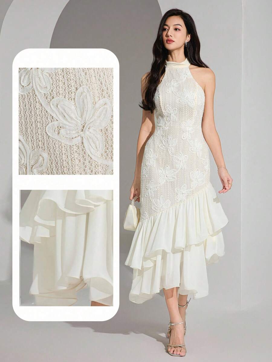 Heiryn Vestido midi elegante feminino com decote halter, bainha em babado e patch de jacquard