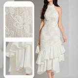 Heiryn Vestido midi elegante feminino com decote halter, bainha em babado e patch de jacquard