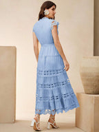 Anewsta Vestido longo elegante de renda com cor sólida e recortes para mulheres, Verão, Praia, Feriado, Casual