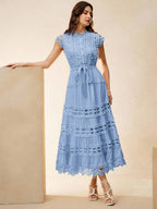 Anewsta Vestido Elegante de Renda Colorida Sólida com Recorte, Sem Mangas, Para Mulheres, Verão, Praia, Férias, Casual