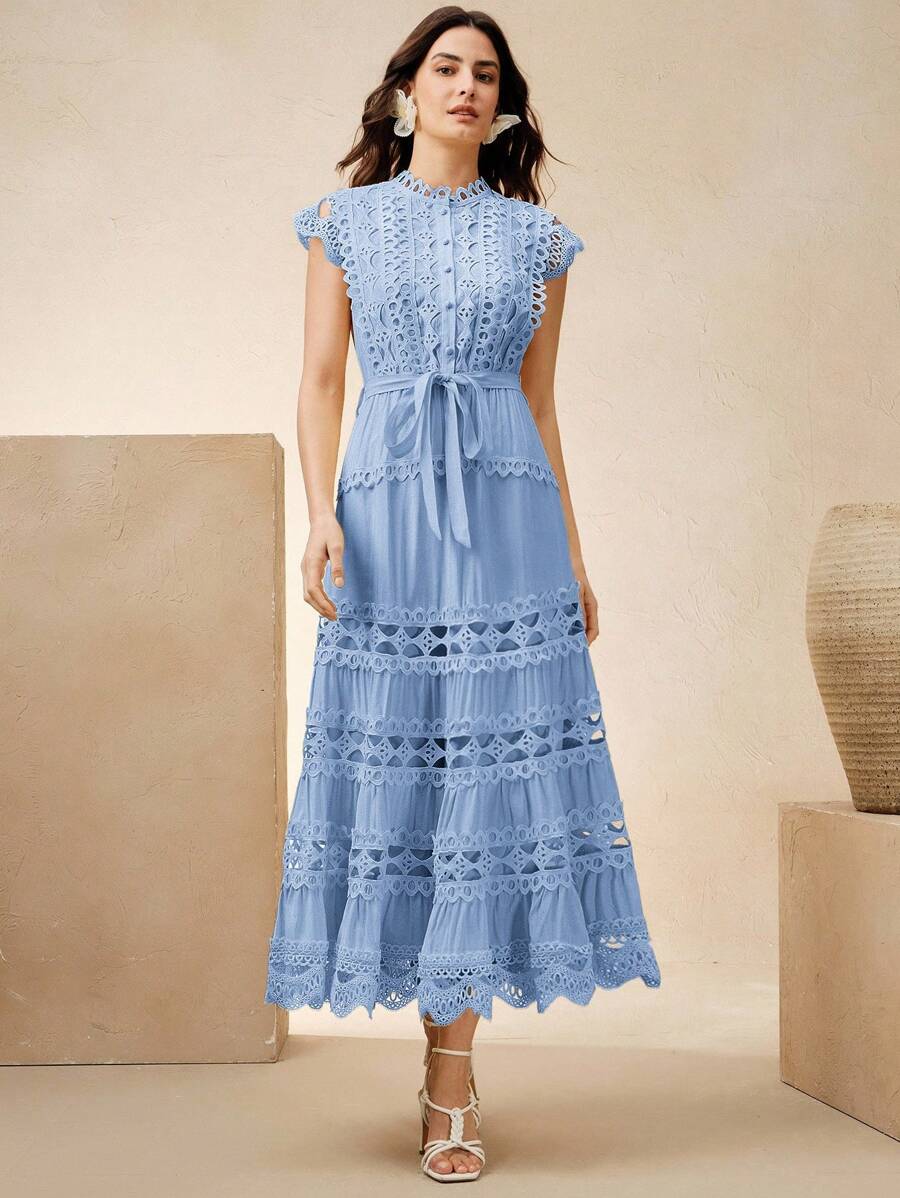 Anewsta Vestido Elegante de Renda Colorida Sólida com Recorte, Sem Mangas, Para Mulheres, Verão, Praia, Férias, Casual