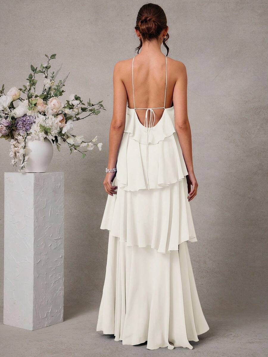 L'Amorae Vestido Elegante e Romântico de Convidado de Casamento Longo Maxi de Chiffon com Detalhe Franzido e Decote Halter Sólido