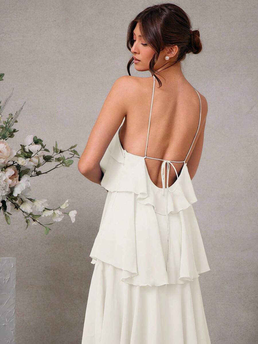 L'Amorae Vestido Elegante e Romântico de Convidado de Casamento Longo Maxi de Chiffon com Detalhe Franzido e Decote Halter Sólido