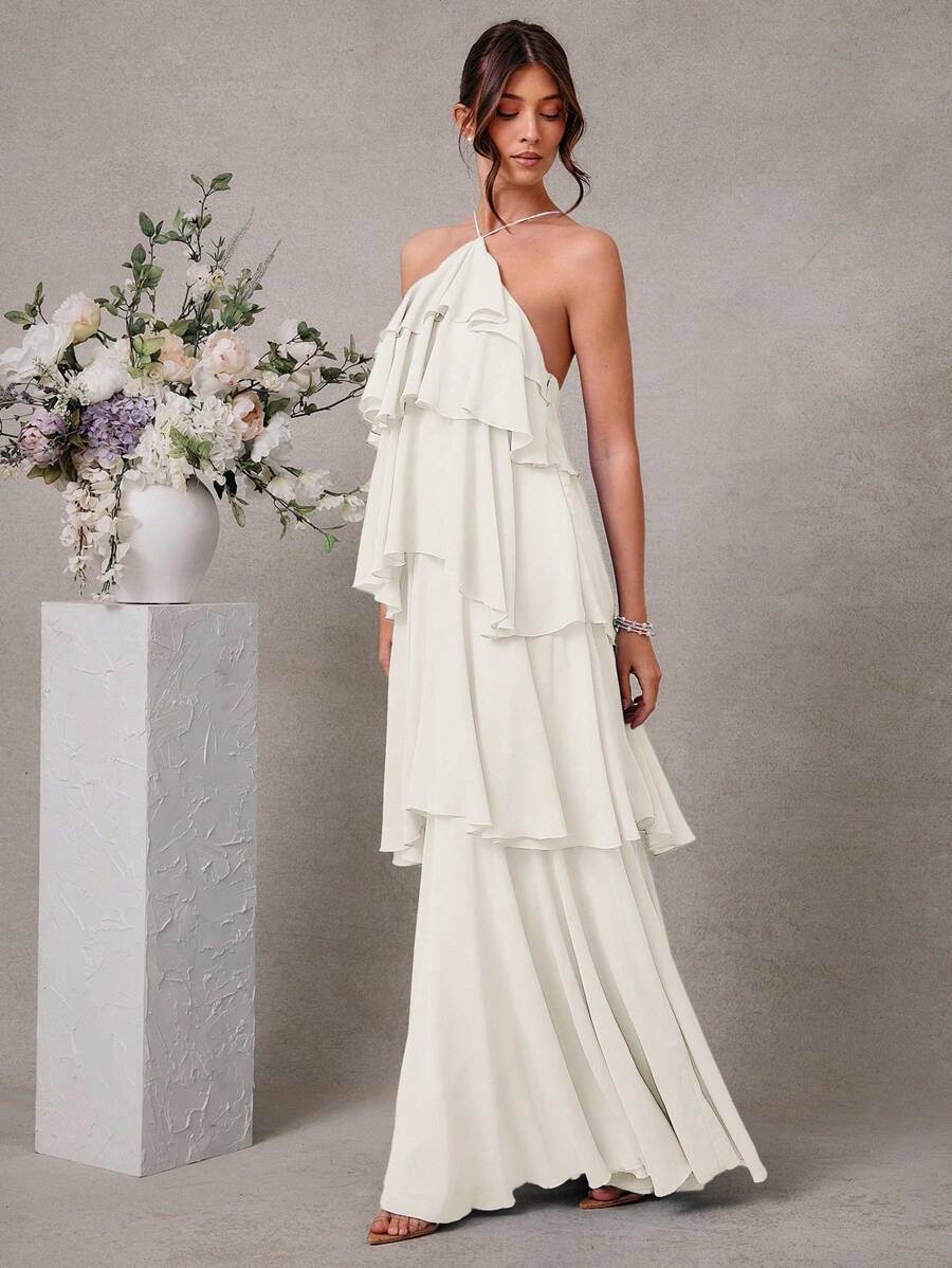 L'Amorae Vestido Elegante e Romântico de Convidado de Casamento Longo Maxi de Chiffon com Detalhe Franzido e Decote Halter Sólido