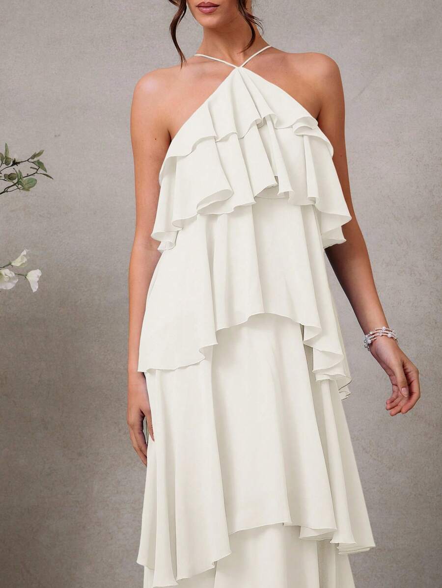 L'Amorae Vestido Elegante e Romântico de Convidado de Casamento Longo Maxi de Chiffon com Detalhe Franzido e Decote Halter Sólido