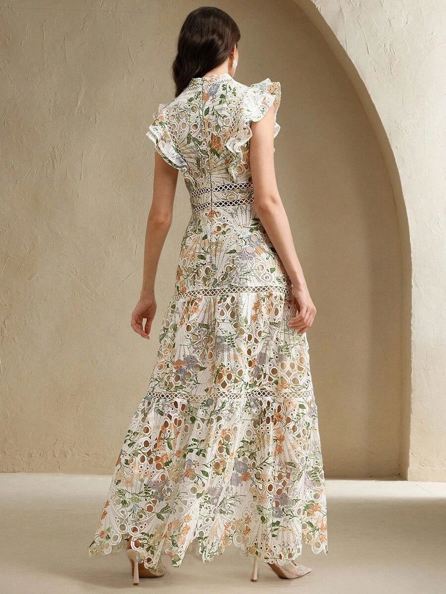 Anewsta Vestido Justo e Solto Feminino com Bordado de Crochê Estampado, Roupa Elegante para Resort