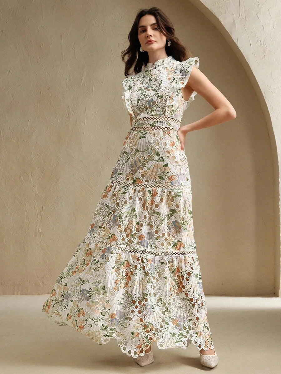 Anewsta Vestido Justo e Solto Feminino com Bordado de Crochê Estampado, Roupa Elegante para Resort