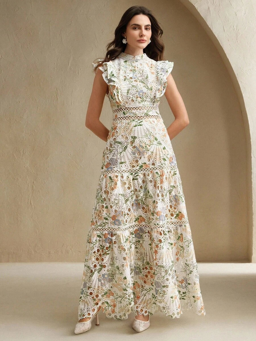 Anewsta Vestido Justo e Solto Feminino com Bordado de Crochê Estampado, Roupa Elegante para Resort