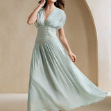 Anewsta Tall Vestido Longo Elegante Feminino com Decote em V, Manga Curta, Corrente de Contas e Cintura Plissada