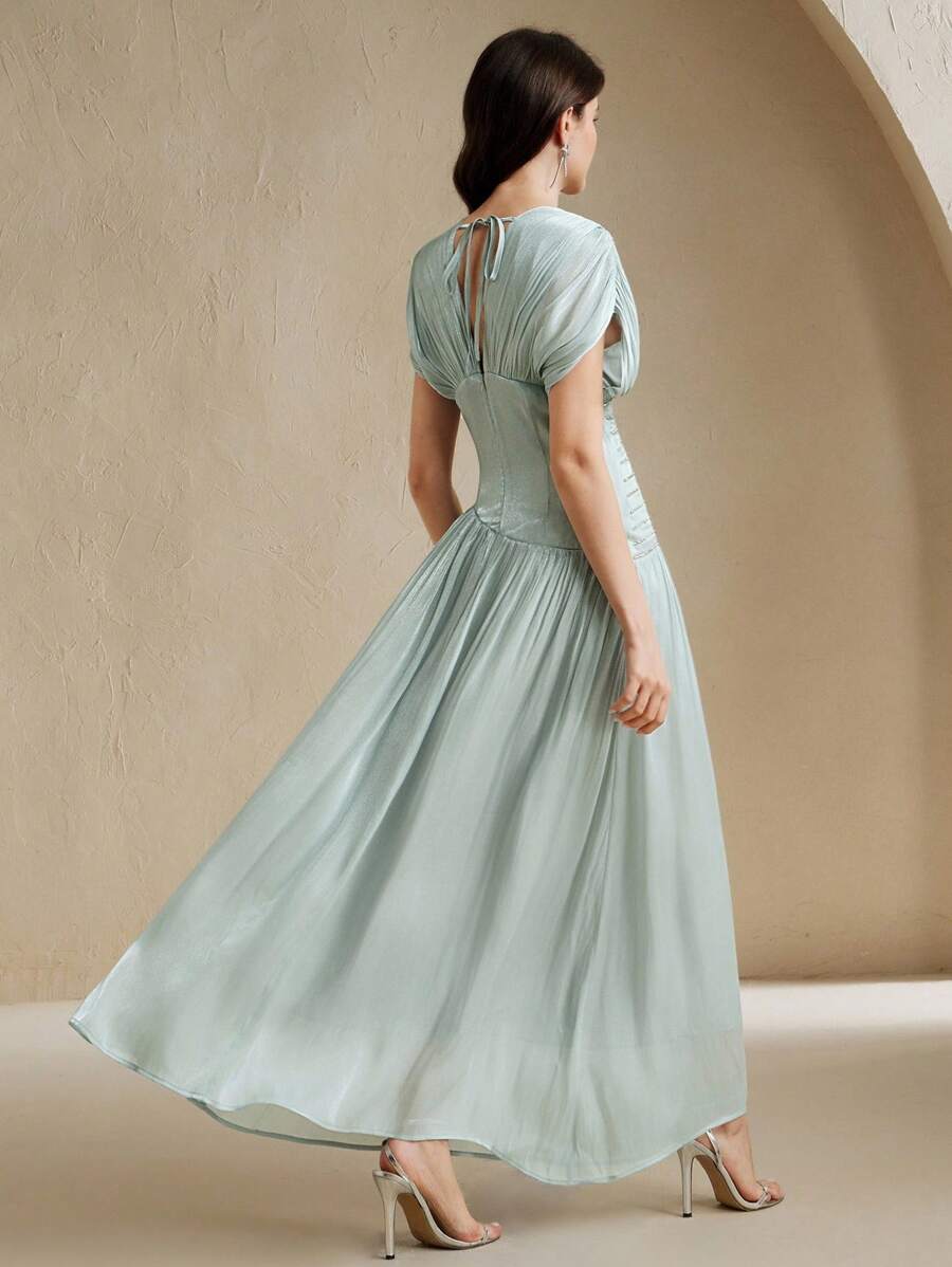 Anewsta Tall Vestido Longo Elegante Feminino com Decote em V, Manga Curta, Corrente de Contas e Cintura Plissada