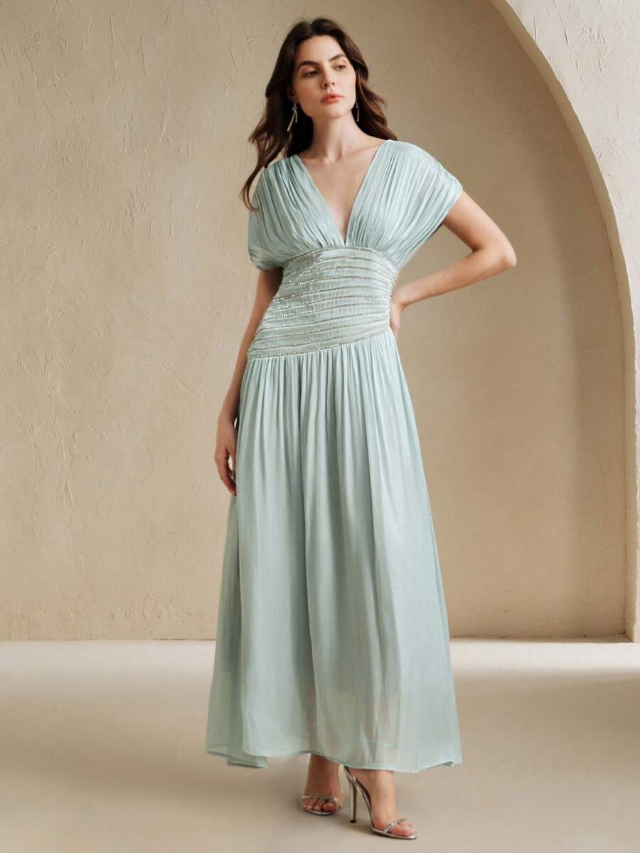 Anewsta Tall Vestido Longo Elegante Feminino com Decote em V, Manga Curta, Corrente de Contas e Cintura Plissada