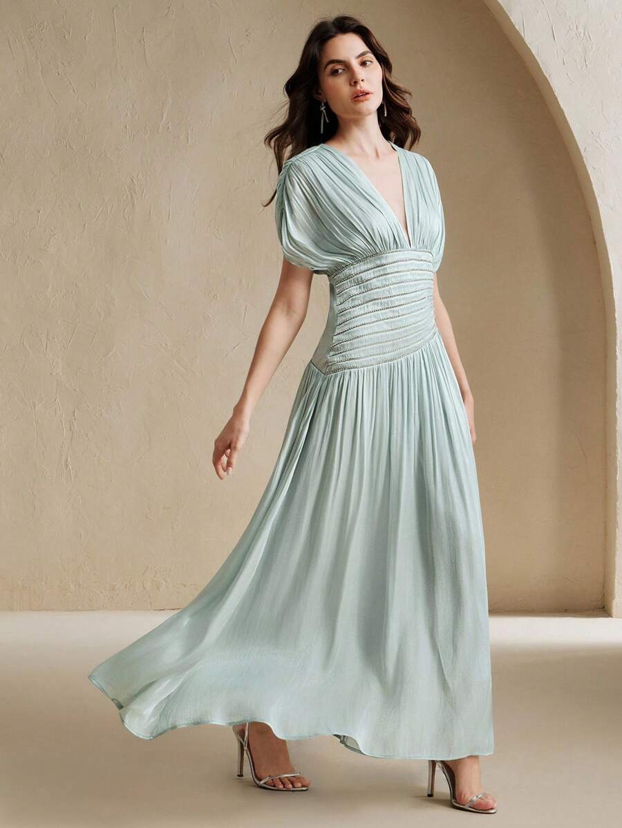 Anewsta Tall Vestido Longo Elegante Feminino com Decote em V, Manga Curta, Corrente de Contas e Cintura Plissada