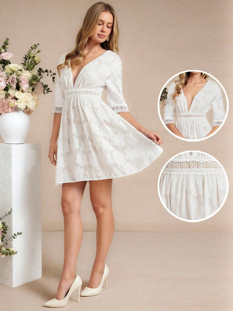 Amorya Vestido Branco Estilo A-Line Elegante Com Decote em V Bordado, Novo Estilo da Moda para Mulheres