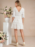 Amorya Vestido Branco Estilo A-Line Elegante Com Decote em V Bordado, Novo Estilo da Moda para Mulheres