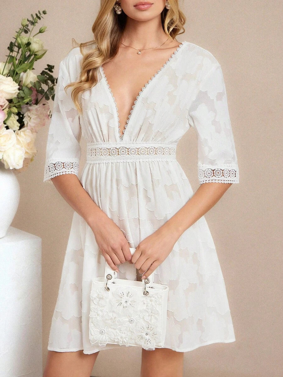 Amorya Vestido Branco Estilo A-Line Elegante Com Decote em V Bordado, Novo Estilo da Moda para Mulheres