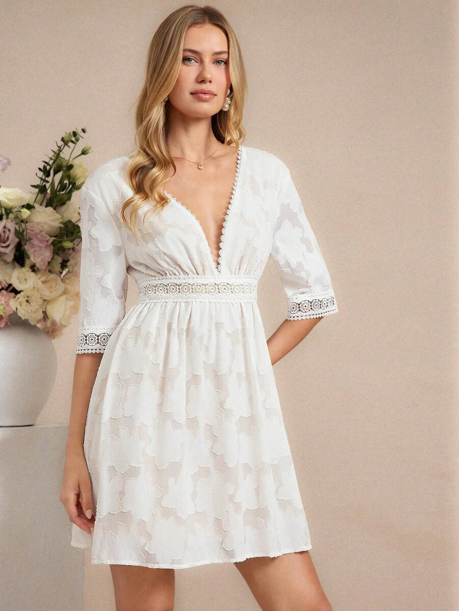 Amorya Vestido Branco Estilo A-Line Elegante Com Decote em V Bordado, Novo Estilo da Moda para Mulheres