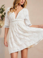 Amorya Vestido Branco Estilo A-Line Elegante Com Decote em V Bordado, Novo Estilo da Moda para Mulheres