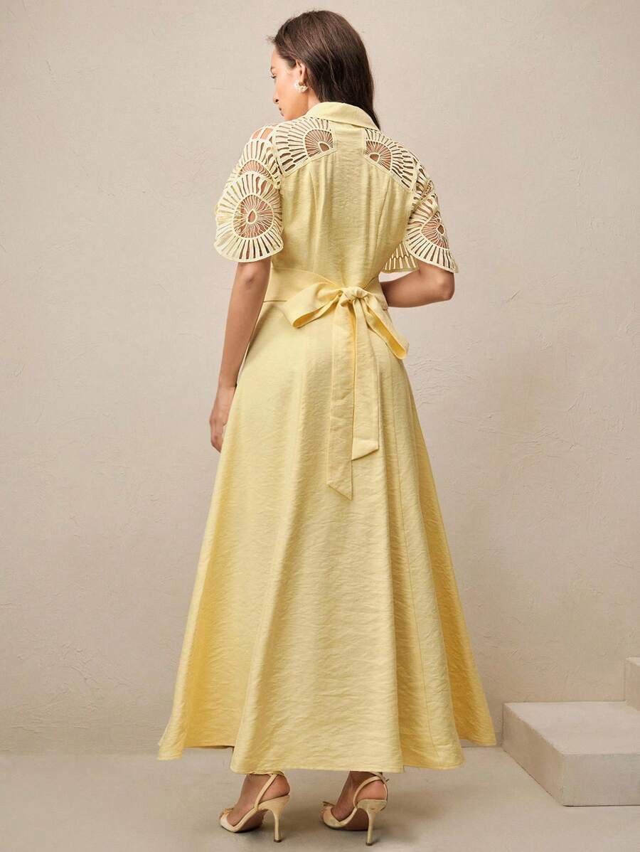 Anewsta Vestido Camisa Feminino de Cor Sólida, Abotoamento Único, Recorte Vazado