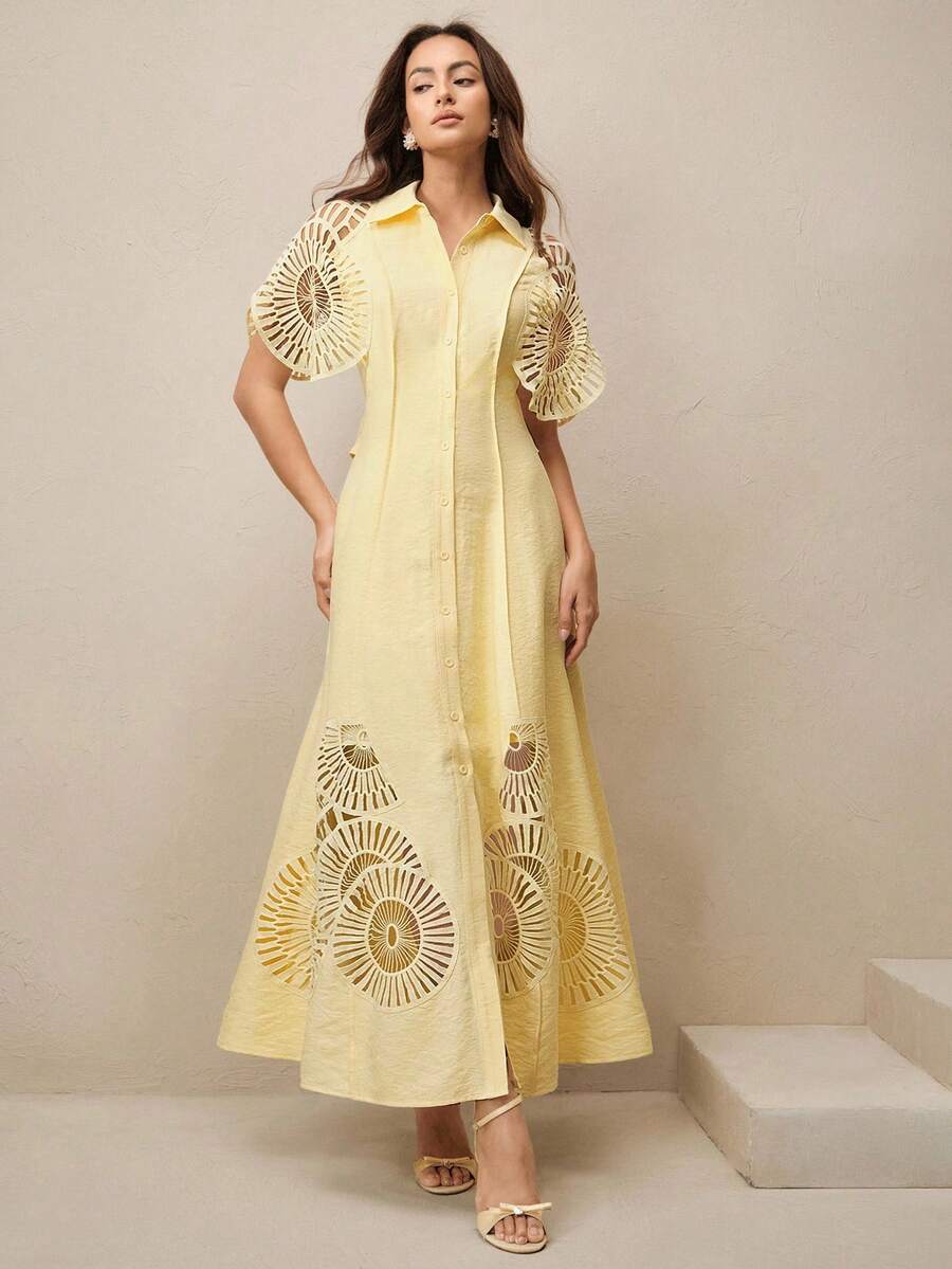Anewsta Vestido Camisa Feminino de Cor Sólida, Abotoamento Único, Recorte Vazado