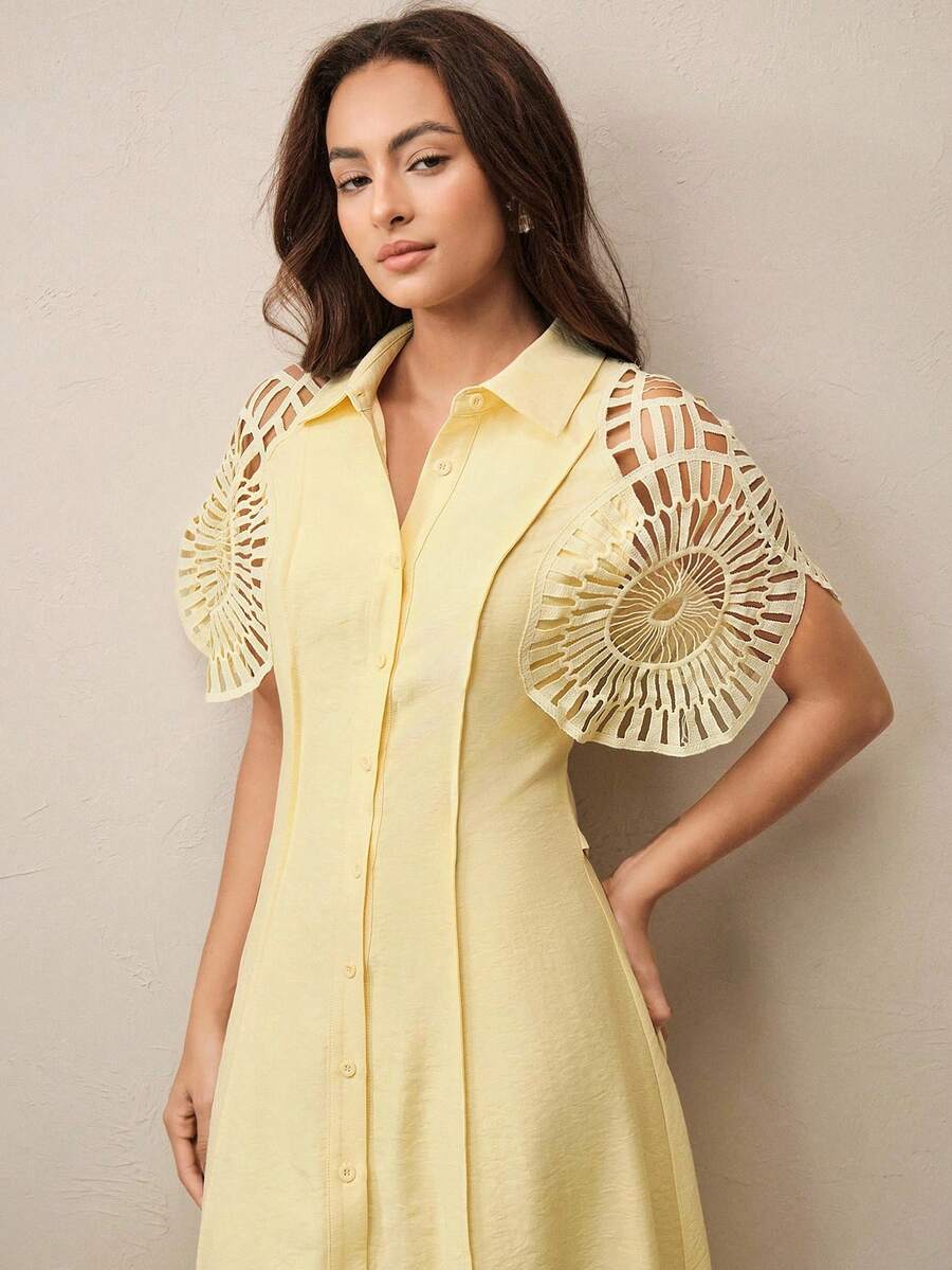 Anewsta Vestido Camisa Feminino de Cor Sólida, Abotoamento Único, Recorte Vazado