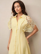 Anewsta Vestido Camisa Feminino de Cor Sólida, Abotoamento Único, Recorte Vazado