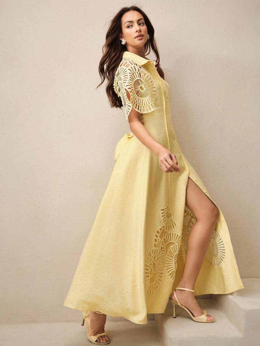 Anewsta Vestido Camisa Feminino de Cor Sólida, Abotoamento Único, Recorte Vazado