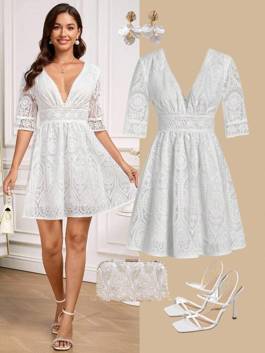 Amorya Vestido Branco Estilo A-Line Elegante Com Decote em V Bordado, Novo Estilo da Moda para Mulheres