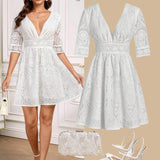 Amorya Vestido Branco Estilo A-Line Elegante Com Decote em V Bordado, Novo Estilo da Moda para Mulheres