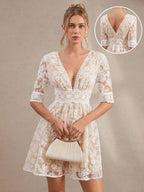 Amorya Vestido Branco Estilo A-Line Elegante Com Decote em V Bordado, Novo Estilo da Moda para Mulheres