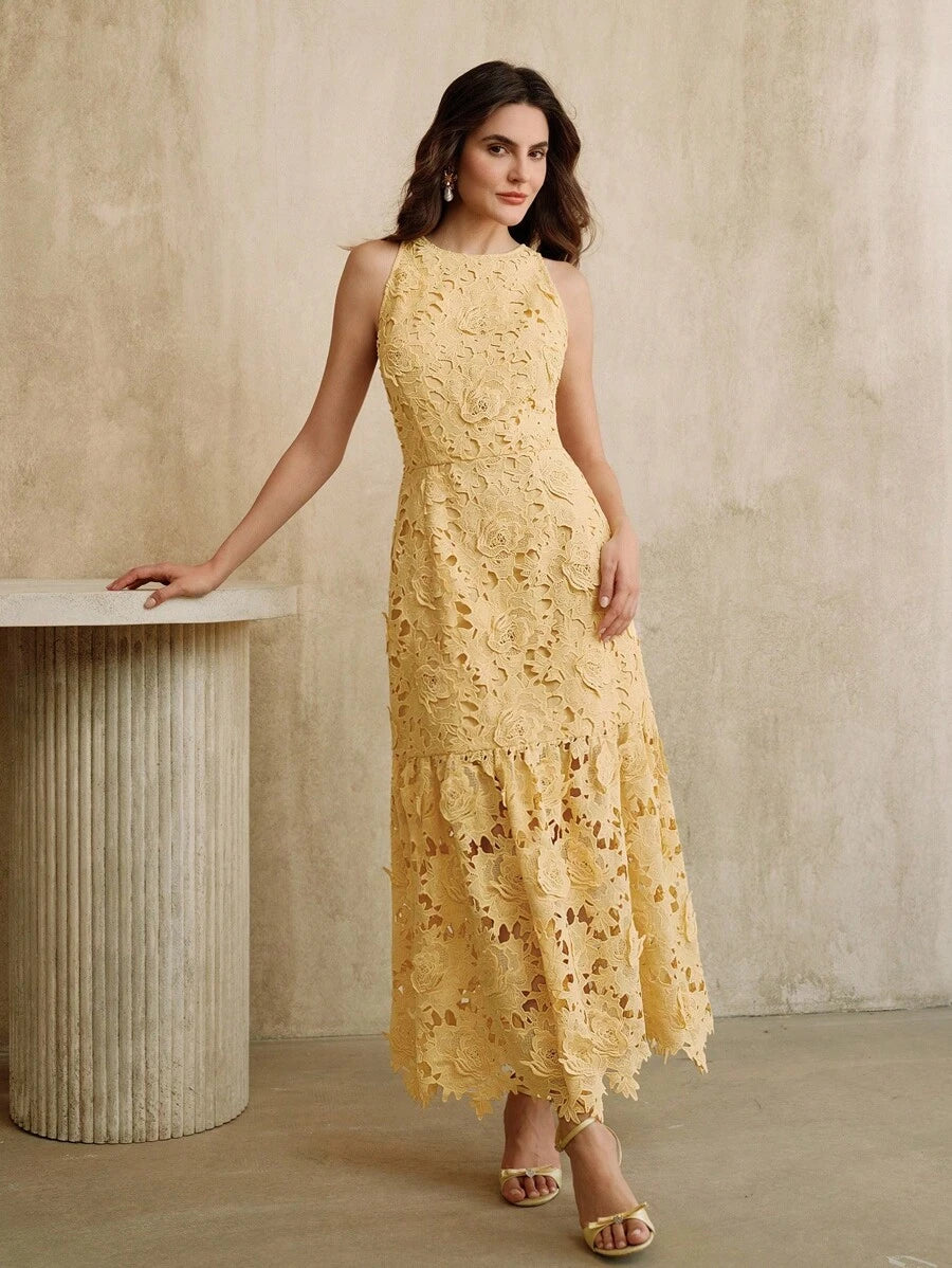 Anewsta Vestido Bodycon de Renda Floral com Decote Halter Feminino, Elegante para Verão, Festival, Férias, Viagem