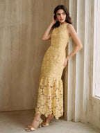 Anewsta Vestido Bodycon de Renda Floral com Decote Halter Feminino, Elegante para Verão, Festival, Férias, Viagem