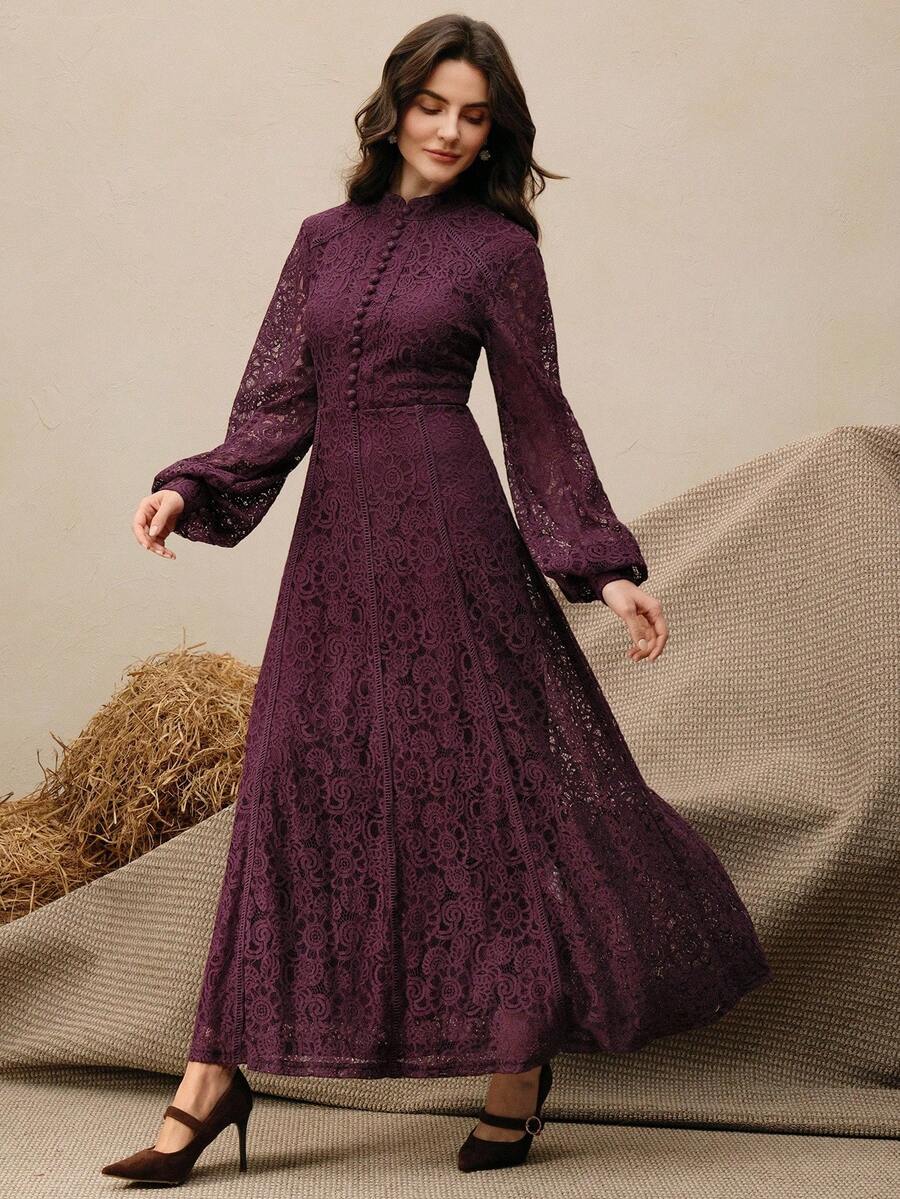 Anewsta Vestido Elegante de Manga Longa de Renda Bordô Máxi para Mulheres, Conjunto de Roupas Brancas de Primavera para Mulheres