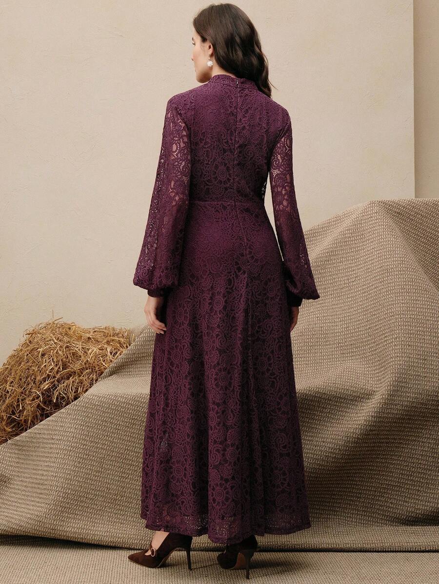 Anewsta Vestido Elegante de Manga Longa de Renda Bordô Máxi para Mulheres, Conjunto de Roupas Brancas de Primavera para Mulheres