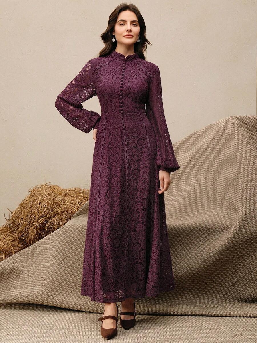 Anewsta Vestido Elegante de Manga Longa de Renda Bordô Máxi para Mulheres, Conjunto de Roupas Brancas de Primavera para Mulheres