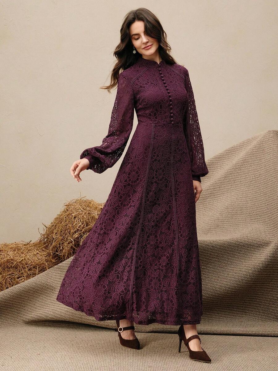 Anewsta Vestido Elegante de Manga Longa de Renda Bordô Máxi para Mulheres, Conjunto de Roupas Brancas de Primavera para Mulheres