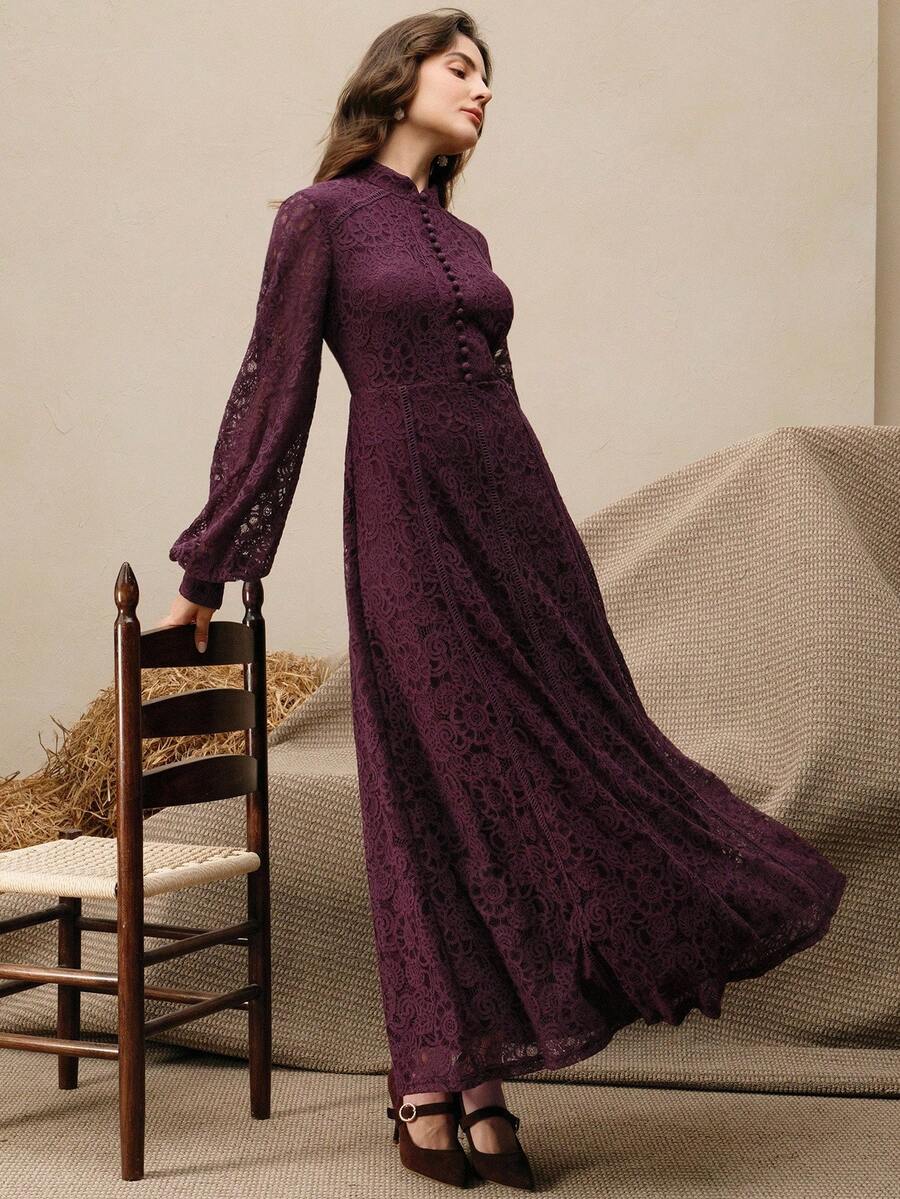 Anewsta Vestido Elegante de Manga Longa de Renda Bordô Máxi para Mulheres, Conjunto de Roupas Brancas de Primavera para Mulheres