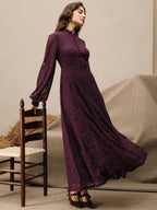 Anewsta Vestido Elegante de Manga Longa de Renda Bordô Máxi para Mulheres, Conjunto de Roupas Brancas de Primavera para Mulheres