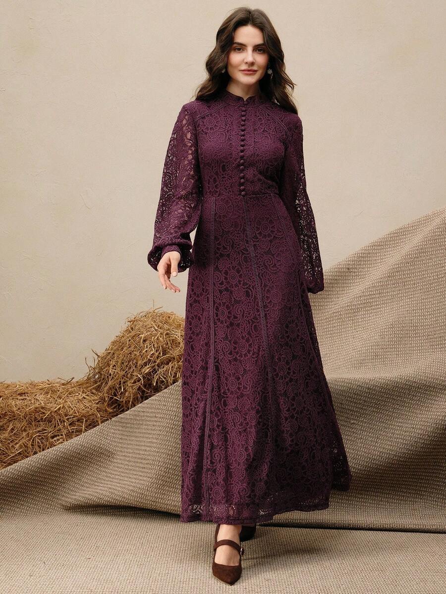 Anewsta Vestido Elegante de Manga Longa de Renda Bordô Máxi para Mulheres, Conjunto de Roupas Brancas de Primavera para Mulheres